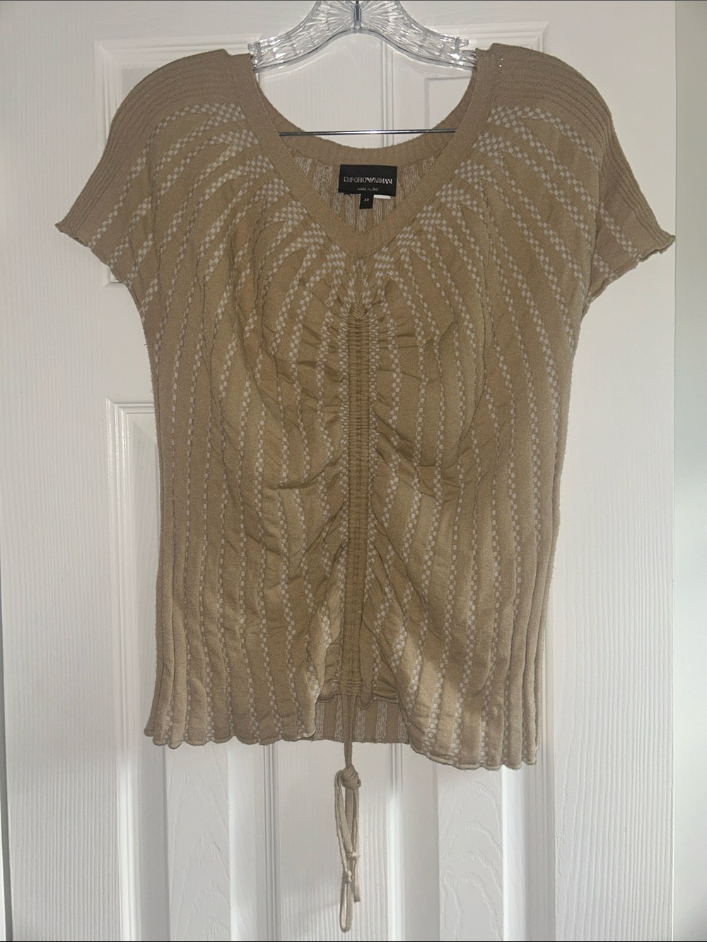 Emporio Armani Bicolor Rib-Knit Cinched Top Made in Italy Size 48 / 12 Tan White
